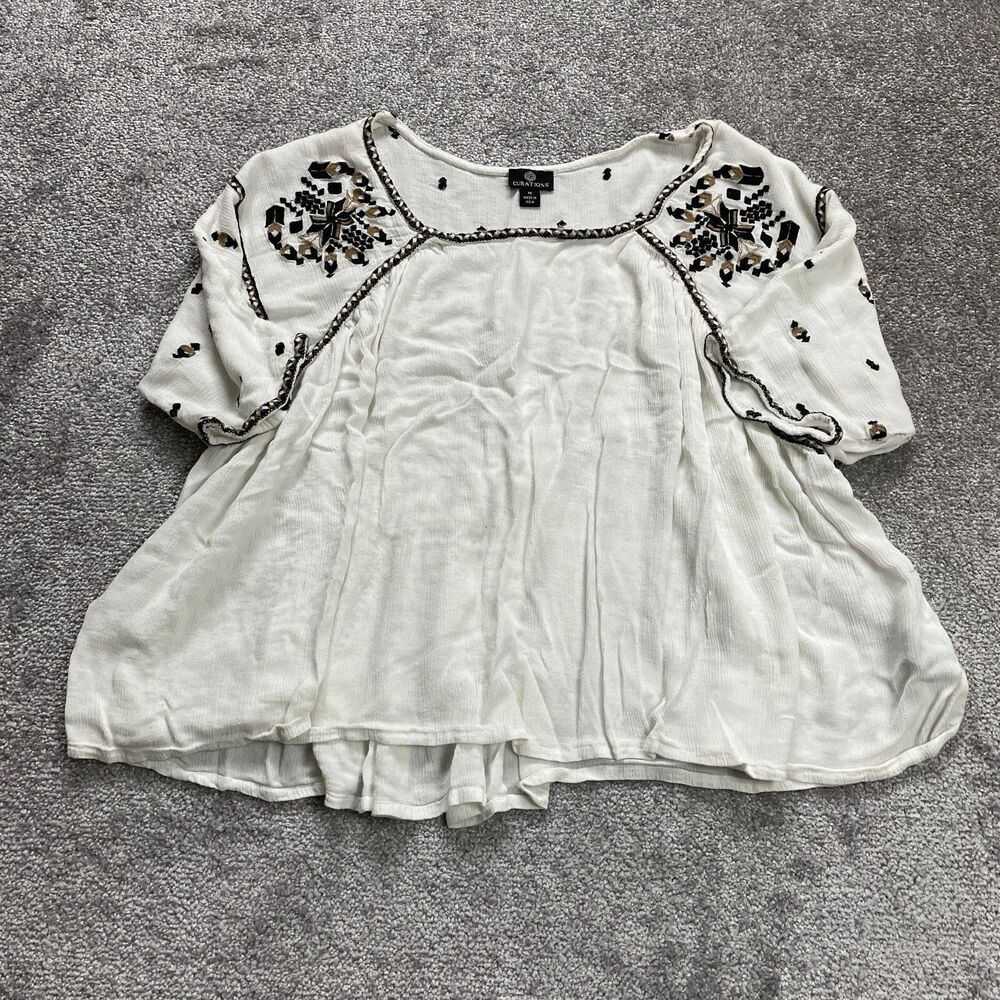 Curations Blouse Womens Medium White Embroidered Short Sleeve Rayon Casual Top